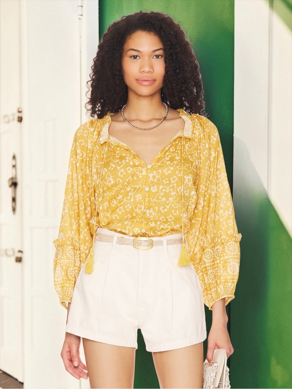 Cleobella Women’s Lyra Button Down Blouse W/Tie Tassels In Cassia Size Small